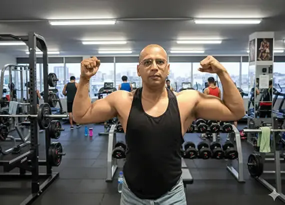 Ashish Ranjan in een fitnesszaal, beide armen geheven